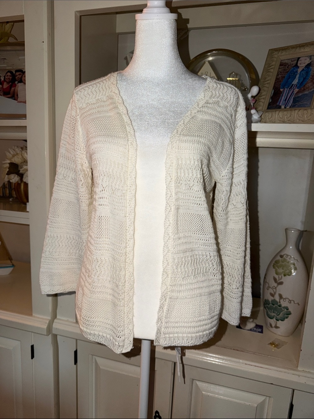 Alfred Dunner Cream Open-Front Knit Cardigan